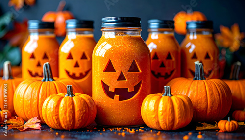 orange drink placed next to Halloween pumpkin decorations