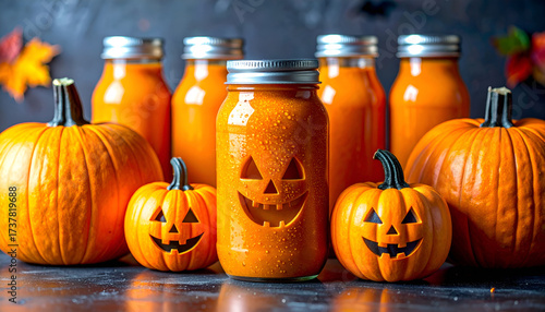 orange drink placed next to Halloween pumpkin decorations