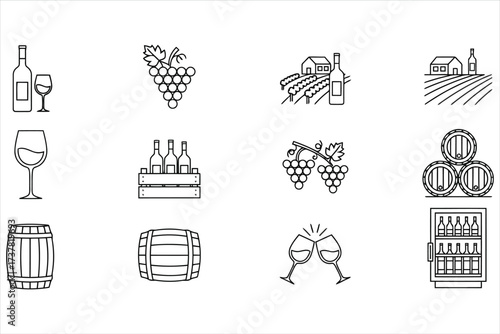 Vector art of wine icon set this collection features various elements related to wine, including bottles, glasses, grapes, vineyards, and barrels, all in a clean and minimalist style
