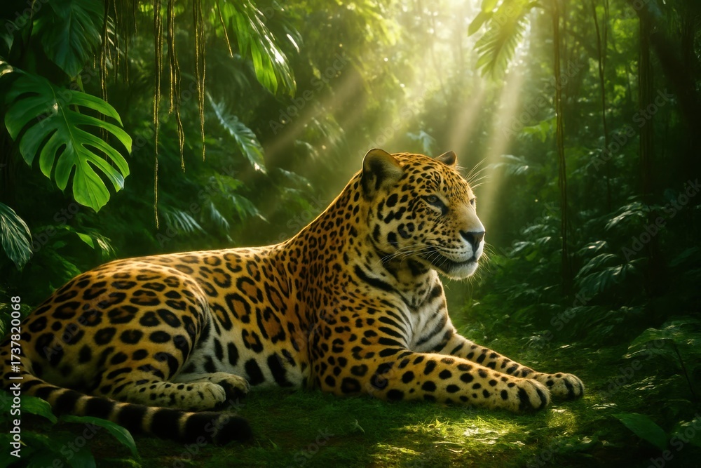 Obraz premium Leopard in rainforest sunlight. AI Generative.