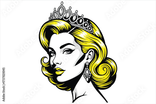Vector art of glamorous woman with crown this captivating image showcases a stylish woman wearing a sparkling crown, exuding elegance and sophistication in a pop art style