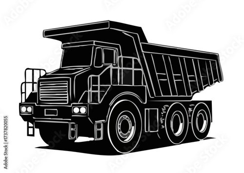 Black and White Illustration of a Heavy Dump Truck on Construction Site for Material Transport and Hauling