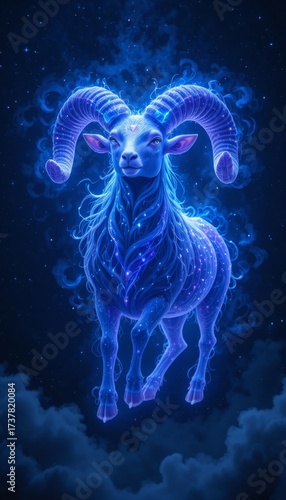A majestic glowing ram floats through a starlit cosmic background at night