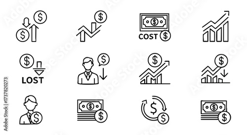 Collection of Finance and Investment Icons Representing Financial Growth, Cost Management, Profit and Loss Analysis with Charts and Currency Symbols in a Monochrome Design