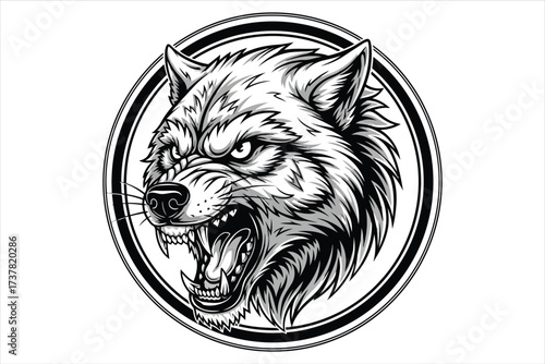 Vector art of intense black and white vector illustration of a snarling wolf head in a circular frame, ideal for tattoo art, logo design, and wildlife themes