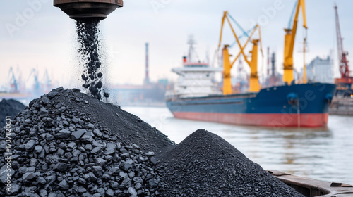 Banner background of coal being dumped into cargo ship at industrial port