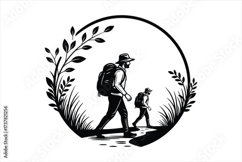 Vector art of silhouette illustration of two hikers walking in nature a serene scene of outdoor adventure and exploration, perfect for travel and naturethemed projects