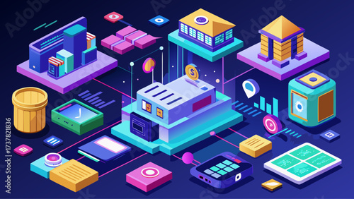 An isometric banking environment with digital finance icons, credit card terminals, ATM machines, cryptocurrency signs, secure payment system, investment charts, mobile wallet interface, online 