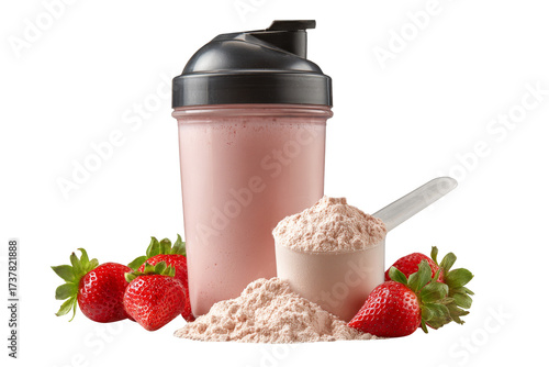 Protein shake strawberry flavor, isolated on transparent background.
