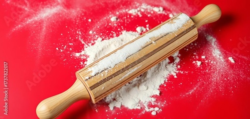 Rustic wooden rolling pin dusted with flour sits on a vibrant red background,  kitchen,  pastry making