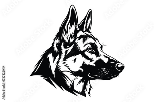 Vector art of detailed german shepherd head a majestic and loyal canine companion, captured in a striking black and white vector illustration