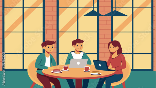 Three young adults are working on laptops around a table near windows