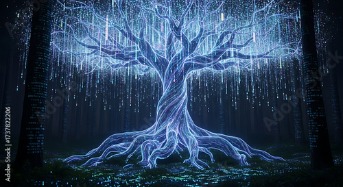 Fototapeta Naklejka Na Ścianę i Meble -  Luminous Digital Tree in a Dark Forest (21) stock