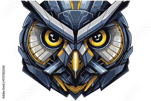 Vector art of futuristic owl head a captivating blend of nature and technology, showcasing an owl with robotic features and vibrant colors