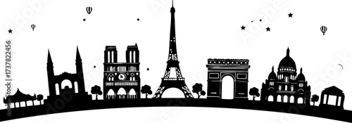 Iconic Paris skyline silhouette featuring Eiffel Tower, Notre Dame, Arc de Triomphe and Sacré Cœur, perfect for travel promotions.