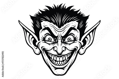Vector art of a sinister devil face with a wicked grin, sharp teeth, and pointed ears, the illustration captures the essence of evil and mischief