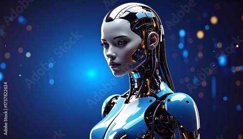 Majestic Futuristic Robot Queen with Sleek Silver Exoskeleton, Golden Circuitry, Glowing Blue Eyes, and Flowing Metallic Braid Against a Starry Sky – Regal Cybernetic Sci-Fi Royalty