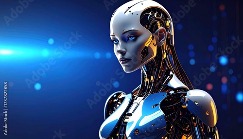 Majestic Futuristic Robot Queen with Sleek Silver Exoskeleton, Golden Circuitry, Glowing Blue Eyes, and Flowing Metallic Braid Against a Starry Sky – Regal Cybernetic Sci-Fi Royalty