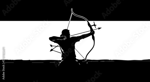 Dynamic archer aims with precision, arrows ready for decisive shot, symbolizing focus, skill, and competitive spirit.