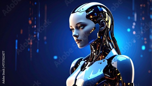 Majestic Futuristic Robot Queen with Sleek Silver Exoskeleton, Golden Circuitry, Glowing Blue Eyes, and Flowing Metallic Braid Against a Starry Sky – Regal Cybernetic Sci-Fi Royalty