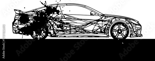 Dynamic sports car blueprint explodes with vibrant ink splatters evoking speed and raw power