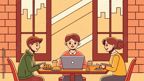Cartoon woman and two men enjoy food and laptop near window in cafe