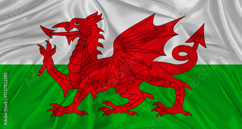 Flag of Wales with cloth texture. Close up of Wales flag waving