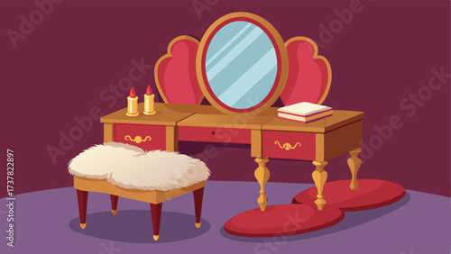 An antique vanity table with a trifold mirror and a velvet stool adorned with gold brushed trinket boxes and a faux fur throw.