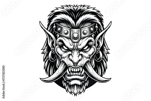 Vector art of an intimidating orc warrior face with tusk, displaying fierce expression, detailed features, and tribal ornamentation, embodying strength and aggression