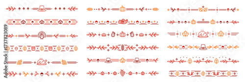 Happy Thanksgiving frame borders and dividers with harvest decorations, vector set. Thanksgiving Day holiday borders for frames of turkey and pumpkin with cornucopia and maple leaves for dividers