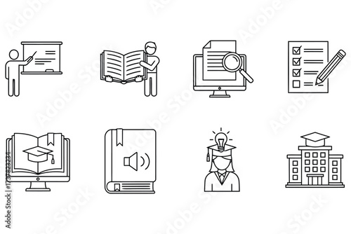 Vector art of online education and elearning line icons set, contains such icons as online education, training, webinar, video lesson, student, book, computer