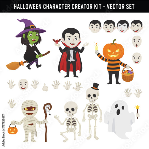 Halloween Character Creator Kit with Cartoon Witch, Vampire, Skeleton, and Ghost Vector Set