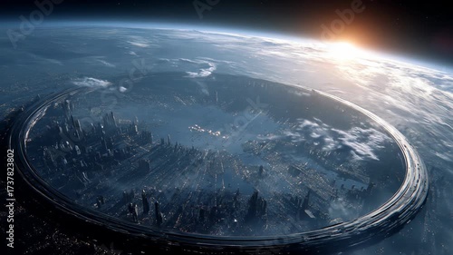 Futuristic orbiting city concept video, advanced civilization on Earth