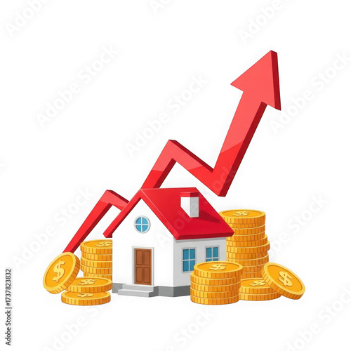 Illustration of a house with stacks of coins and a red arrow graph indicating financial growth, isolated on transparent background