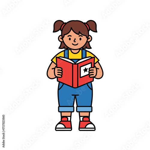 A cute cartoon girl with pigtails stands smiling while reading a red book with a star.