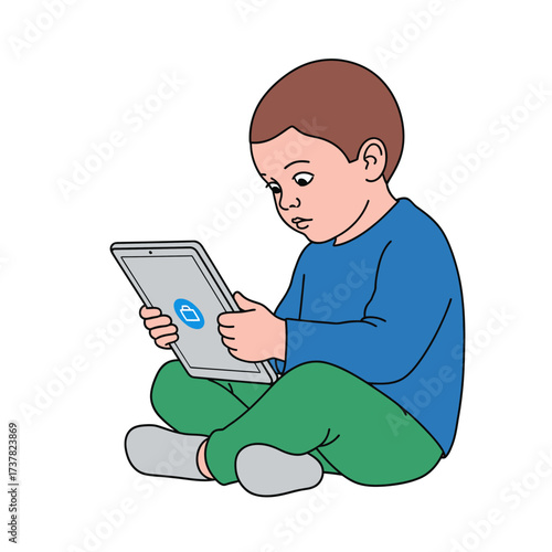 A young boy sits cross-legged on the floor, focused on the screen of a digital tablet he is holding.