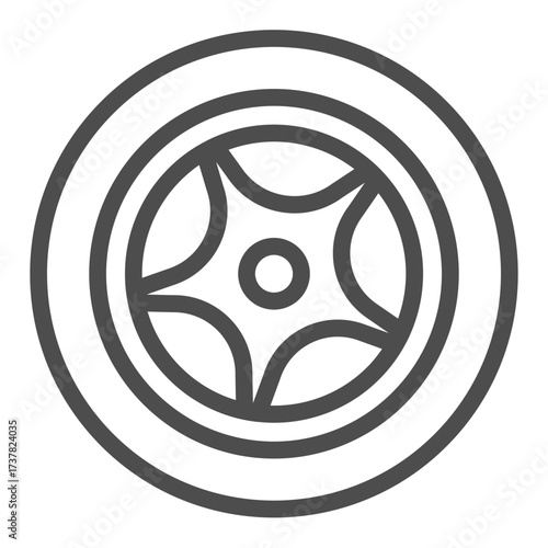 Car wheel with tire line icon, car parts concept. Vector graphics. Wheel tire sign on white background, outline style icon for mobile or web design.