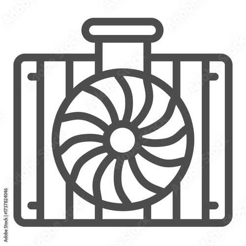 Car aluminum radiator with fan line icon, car parts concept. Vector graphics. Radiator sign on white background, outline style icon for mobile or web design.