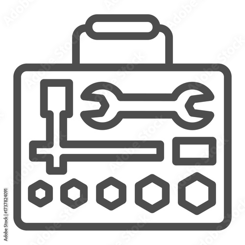 Set of tools in suitcase line icon, car repair concept. Vector graphics. Mechanician tools sign on white background, outline style icon for mobile or web design.