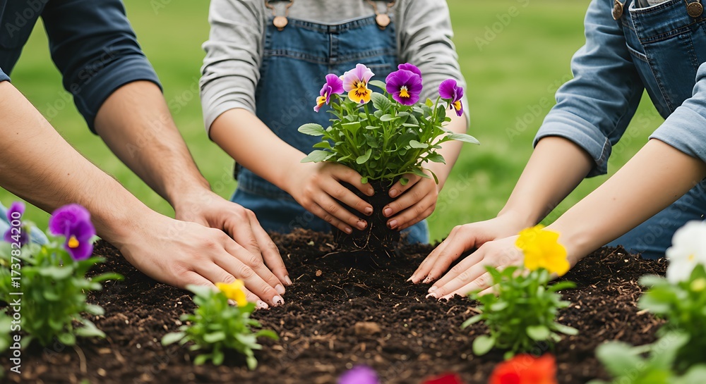 Fototapeta premium Family Gardening: Planting Pansies Together in Spring