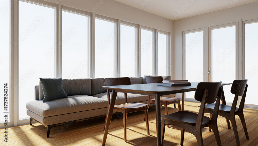 Fototapeta premium Modern dining-living area with wooden table, mid-century chairs, and floor-to-ceiling windows flooding space with daylight. 