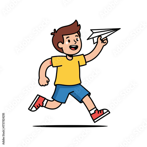 A joyful young boy in a yellow t-shirt and blue shorts is enthusiastically running while launching a white paper airplane into the air, depicting childhood play and imagination.