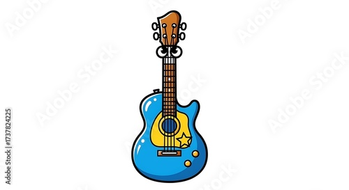 Cartoon Guitar Character with Googly Eyes and Star Design.