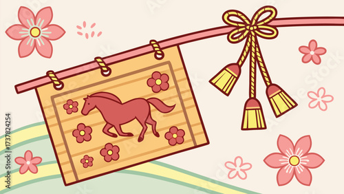 Horse and flower decorations adorn the wooden plaque with the Japanese knot hanging near flowers