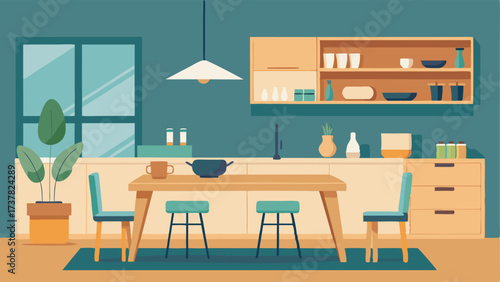 A minimalist kitchen with sleek light wood cabinets and shelves and comfortable seating at a natural wood dining table.