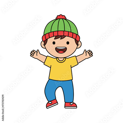 Cheerful cartoon child with open arms wearing a winter hat, smiling widely.