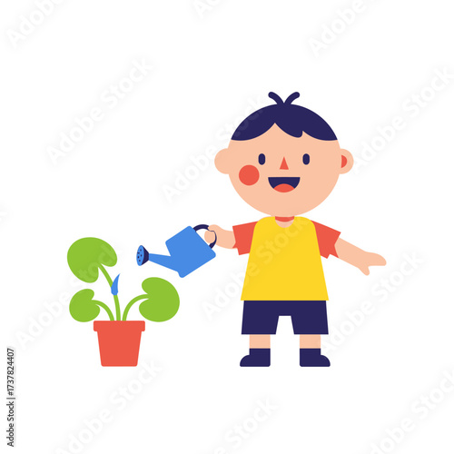 A cheerful cartoon boy waters a potted green plant with a blue watering can, demonstrating care for nature.