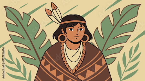 Indigenous woman wearing traditional garb and feathers stands serenely amid tropical foliage
