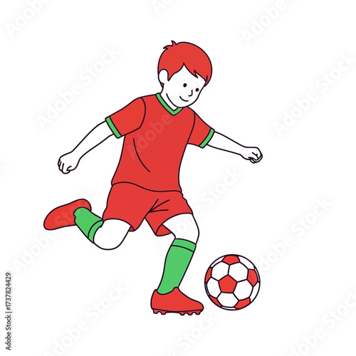A smiling cartoon boy in a red soccer uniform kicks a white and red soccer ball.