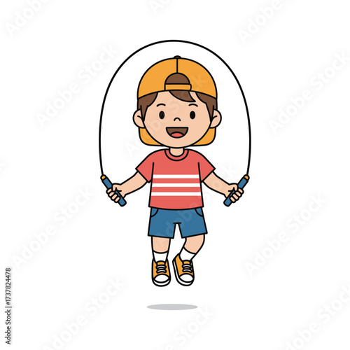 A cheerful cartoon boy with a yellow cap happily jumping rope, enjoying exercise.